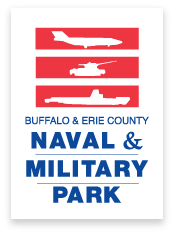 Three red rectangles are stacked on one another at the top, with each containing a single white silhouette of military vehicles. Below the rectangles are the words, in blue, "Buffalo & Erie County Naval & Military Park."