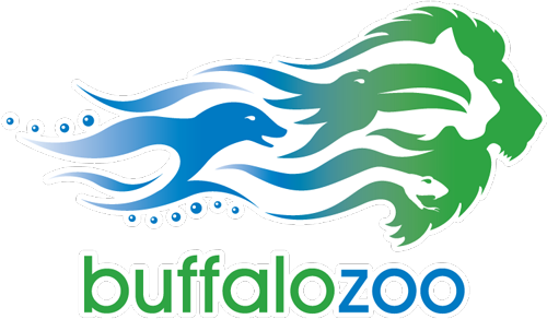 At the top is an artistic rendering of a seal, a toucan, and a lion all woven together by blue and green wavy lines. Underneath is the word "buffalo" in green and "zoo" in blue.