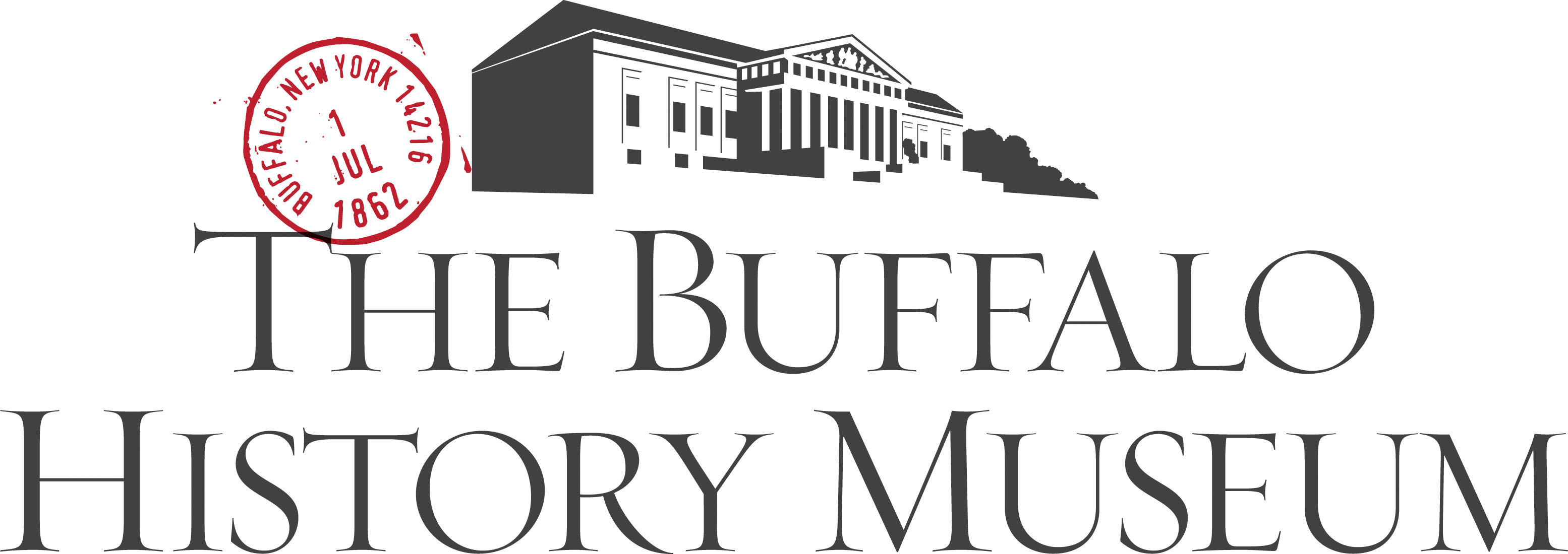 An outline image of a long building with columns at the front sits above larger words that read "The Buffalo History Museum." A circular postage stamp, which reads "Buffalo, New York 14216, 1, Jul, 1862" is in the left hand corner of the logo.