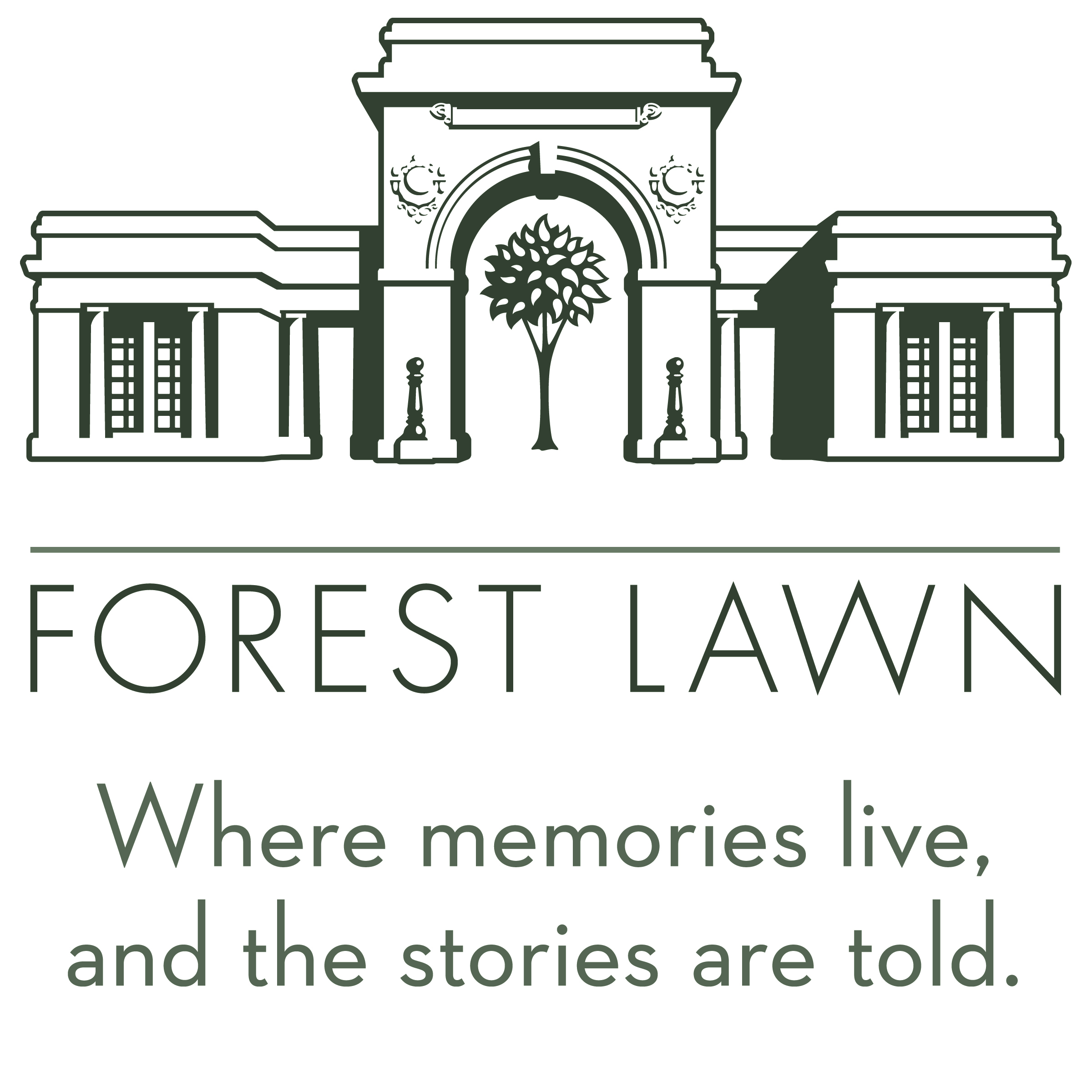 At the top of this logo is a detailed, greyscale outline of a mausoleum and archway. Underneath the archway is a small tree with leaves. Below that is a grey line. At the bottom of the logo are the words "Forest Lawn. Where memories live, and the stories are told."