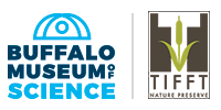 On the right is a logo which reads, in blue, "Buffalo Museum of Science," with the outline of a dome/planetarium above it. The image is divided by a vertical grey line. On the right is a logo whose words at the bottom, in brown, read "Tifft Nature Preserve." Above that is a green drawing of a plant with two leaves and a long top, surrounded on each side by a brown rectangle with a notch out of the top.