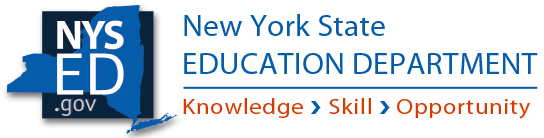 Logo, with a graphic to the left that includes a cobalt-blue shape of New York State overlaying a black scare. Inside this image is the URL "nysed.gov." On the right there is cobalt text reading New York State Education Department, and underneath in orange font are the words "Knowledge, Skill, Opportunity" separated by blue arrows.
