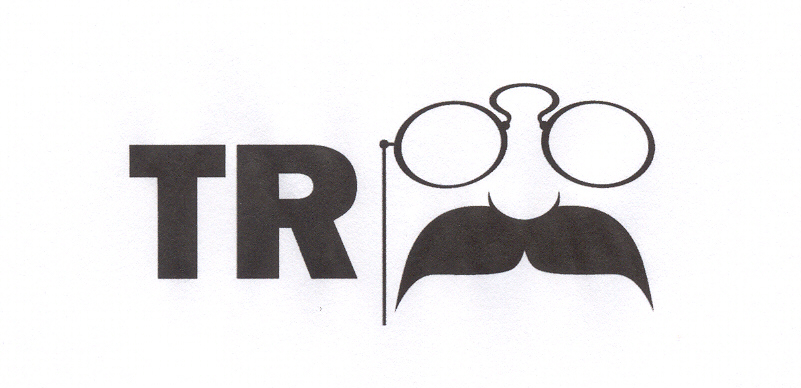 On the left-hand side of this logo are boldface, capital letters "TR." On the right is a simplistic drawing of a pair of pince-nez glasses (glasses worn only on the nose) with a chain on the left side. These glasses rest on top of a small nose with a large, drooping mustache.