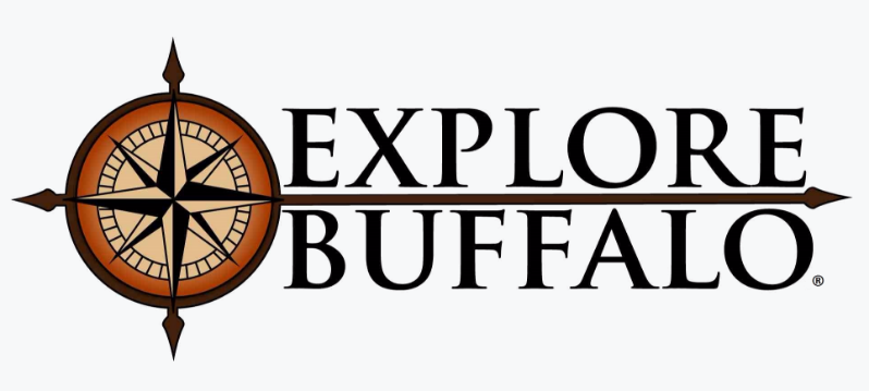 This image has a stylized black, red, and beige compass to the left. On the right are the words "Explore Buffalo" stacked on top of one another.